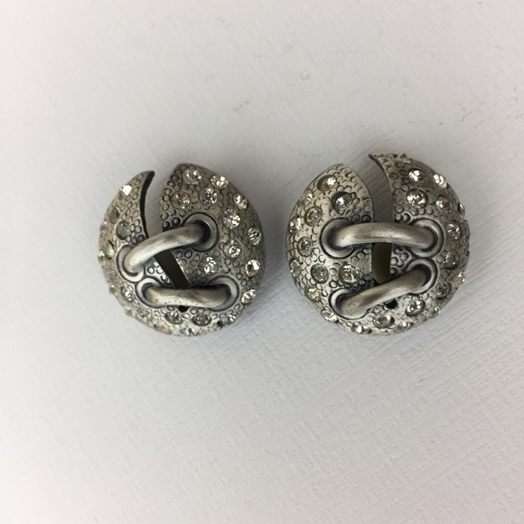 Vintage Rhinestone Silver Lace Up Clip On Earrings - Picture 3 of 8